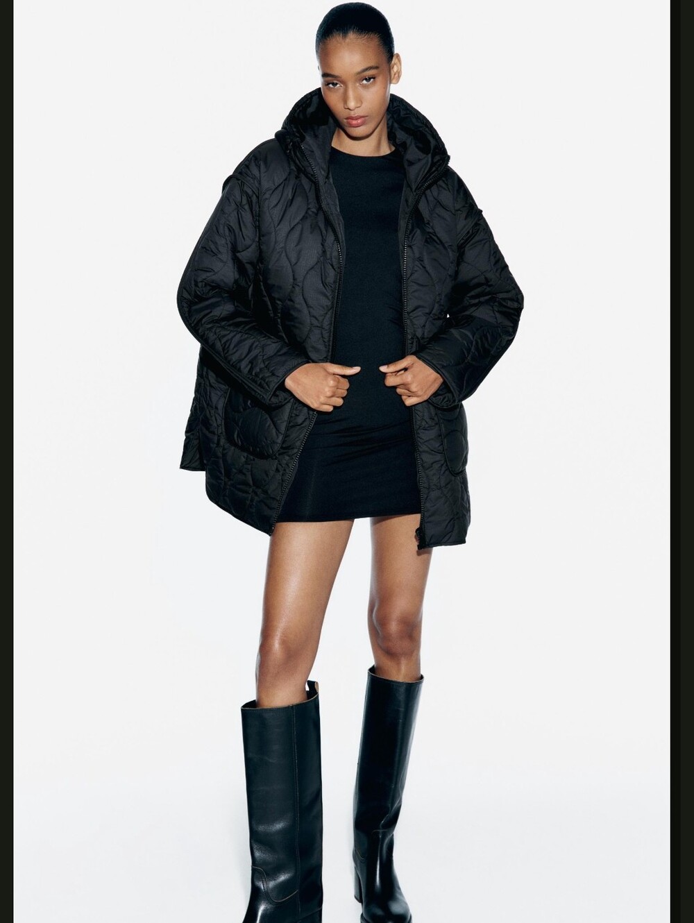 Zara Black Quilted Hooded Jacket
